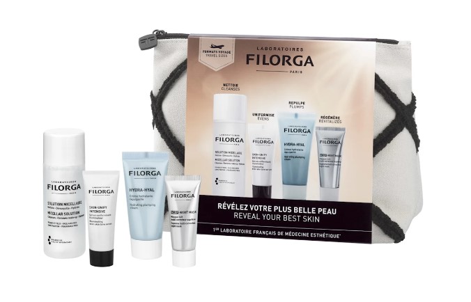 FILORGA DISCOVERY KIT SUMMER : pochette con soluzione micellare 50 millilitri+ 1 SKIN UNIFY INTENSIVE 7 millilitri + 1 HYDRA HYAL CREAM 15 millilitri + 1 maschera NCEF NIGHT 15 millilitri